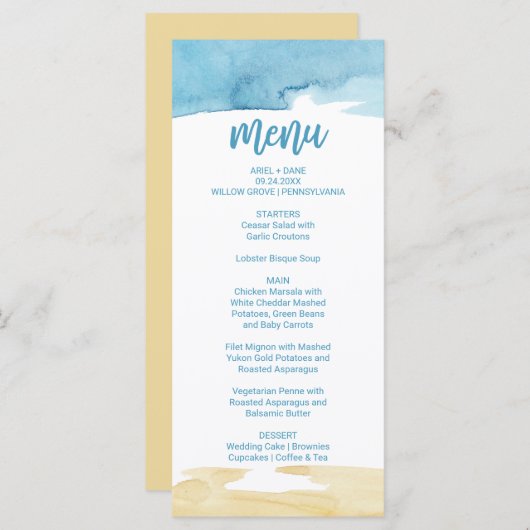 Carte de menu pour dîner en mer et sable d'aquarel (Devant / Derrière)