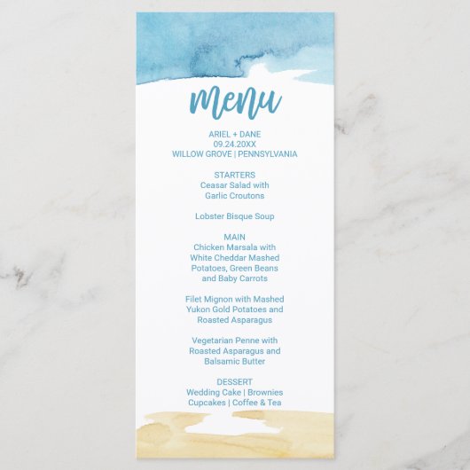 Carte de menu pour dîner en mer et sable d'aquarel (Devant)