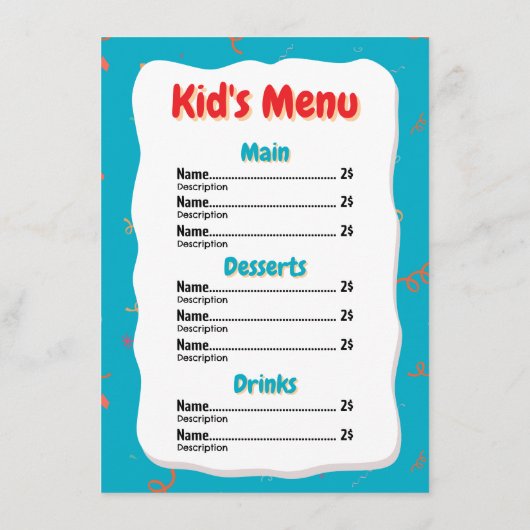 Carte de menu pour enfants de restaurant (Dos)