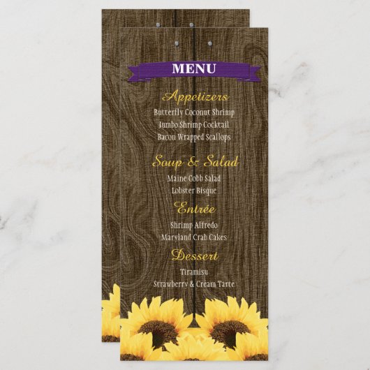 CARTE DE MENU PURPLE RUSTIC SUNFLOWER (Devant / Derrière)