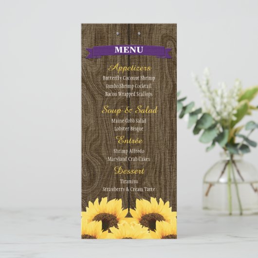 CARTE DE MENU PURPLE RUSTIC SUNFLOWER (Debout devant)