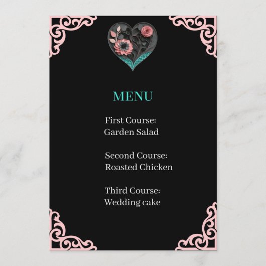 Carte de Menu Réception de Mariage Cœur Quillé (Devant)
