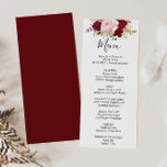 Carte de menu Red Tropical and Romantic Dinner<br><div class="desc">Cette carte rouge tropicale et romantique à la carte du dîner est parfaite pour un mariage rustique. Le design artistique bordo marsala présente des roses d'aquarelle, verts, roses, bordeaux et roux assortis de verdure bien disposés dans un bouquet de fleurs gracieux et radieux. Ce menu peut être utilisé pour une...</div>