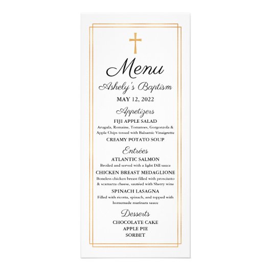 Carte de menu religieuse Gold Baptism (Devant)