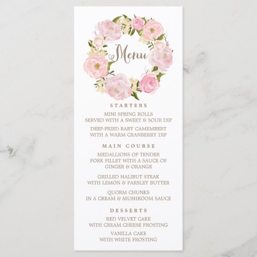 Carte de menu Romantic Blush Pink Peonies Wreath (Devant)