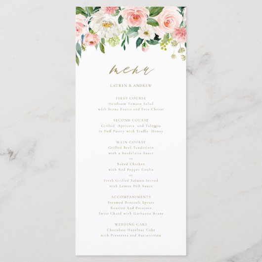 Carte de menu romantique à l'aquarelle avec fleurs (Devant)