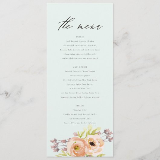 CARTE DE MENU ROMANTIQUE, PURPLE, FLORAL BLEU (Devant)