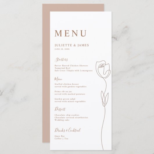 Carte de menu Rose de ligne Whimsical (Devant / Derrière)