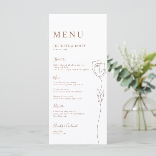 Carte de menu Rose de ligne Whimsical (Debout devant)