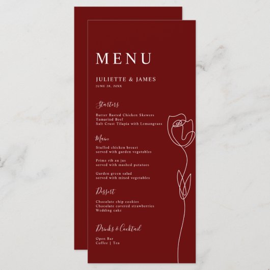 Carte de menu Rose de ligne Whimsical (Devant / Derrière)