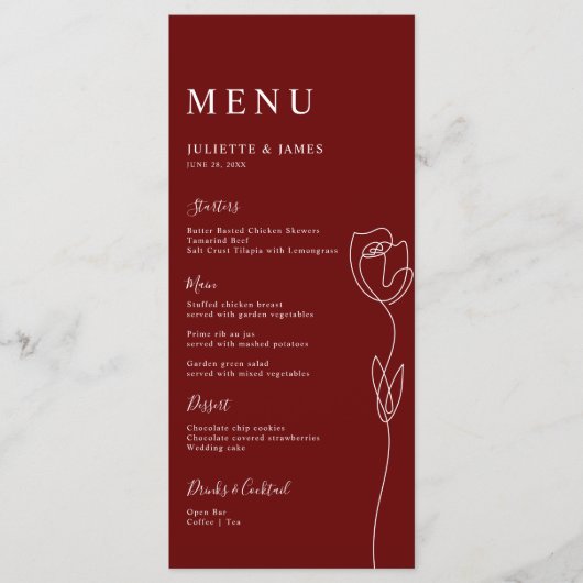 Carte de menu Rose de ligne Whimsical (Devant)