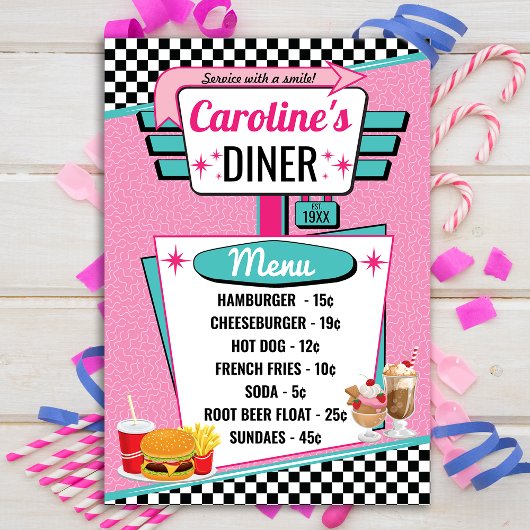 Carte de menu rose et sarcelle Diner Rétro des ann