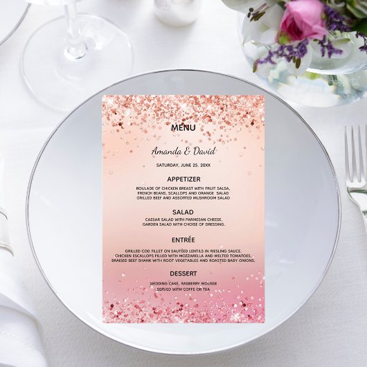 Carte de menu rose gold et confettis rose pour mar