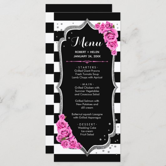 Carte de menu Rose Noir Blanc Argent (Devant / Derrière)