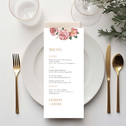 Carte de menu rose Peony Flowers