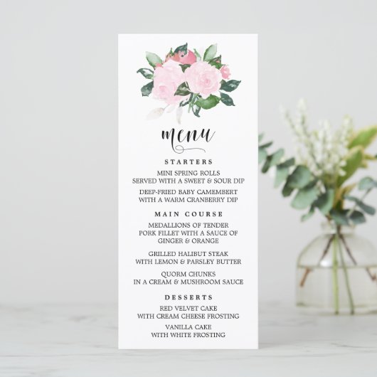 Carte de menu Roses d'aquarelle rose doux (Debout devant)