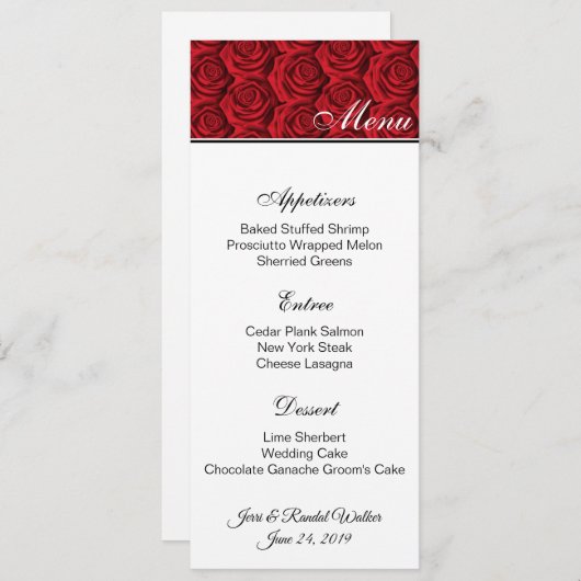 Carte de menu Roses rouges (Devant / Derrière)