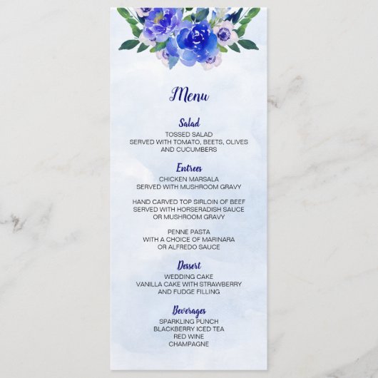Carte de menu Royal Blue Watercolor Floral Mariage (Devant)