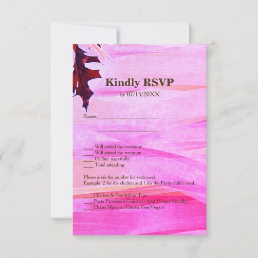 Carte de menu RSVP à feuilles d'automne rose (Devant)