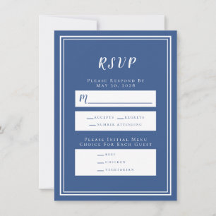 Carte de menu RSVP minimaliste de mariage bleu et 