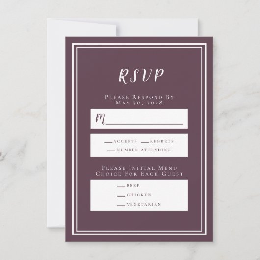 Carte de menu RSVP minimaliste pour mariage violet (Devant)