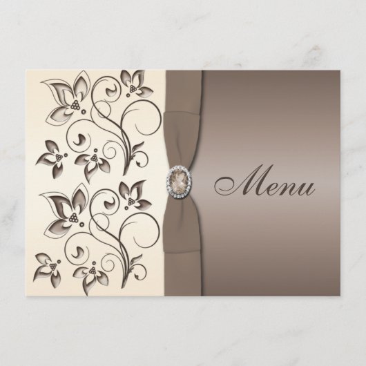 CARTE DE MENU Ruban Imprimé Mocha, Fleurs d'Ivoire (Devant)