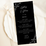 Carte de menu Rustic Black & White Botanical Maria<br><div class="desc">Cette belle carte de menu de réception de mariage dispose d'un arrière - plan noir chic avec des fleurs sauvages dessinés à la main et une typographie élégante en blanc. Ensemble, ces éléments créent un menu de mariage rustique mais élégant qui serait parfait pour un mariage romantique à tout moment...</div>