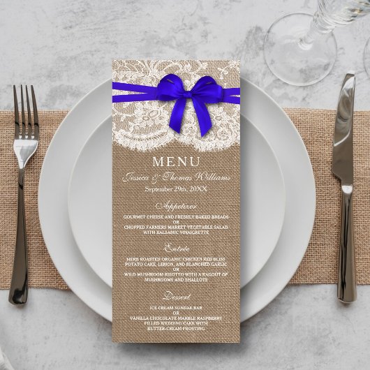 Carte de menu Rustic Blue Bow Mariage Collection