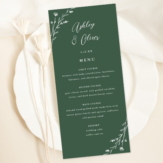 Carte de menu Rustic Dark Green Botanical Mariage