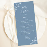 Carte de menu Rustic Dusty Blue Botanical Mariage<br><div class="desc">Cette belle carte de menu de réception de mariage dispose d'un bel arrière - plan bleu poussiéreux avec des fleurs sauvages dessinés à la main et une élégante typographie en blanc. Ensemble, ces éléments créent un menu de mariage rustique mais élégant qui serait parfait pour un mariage romantique à tout...</div>