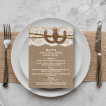Carte de menu Rustic Horseshoe Mariage Collection<br><div class="desc">La collection rustique horseshoe est un design étonnant avec un bel arrière - plan rustique effet burlap avec un ensemble romantique vintage effet dentelle blanche finie avec deux horseshoes et ficelles entrelacées de chance. Ces cartes de menu peuvent être personnalisées pour votre occasion spéciale et feraient le modèle parfait pour...</div>