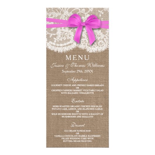 Carte de menu Rustic Pink Bow Mariage Collection (Devant)