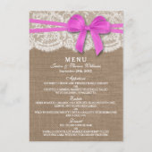 Carte de menu Rustic Pink Bow Mariage Collection (Devant)