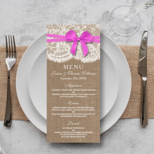 Carte de menu Rustic Pink Bow Mariage Collection