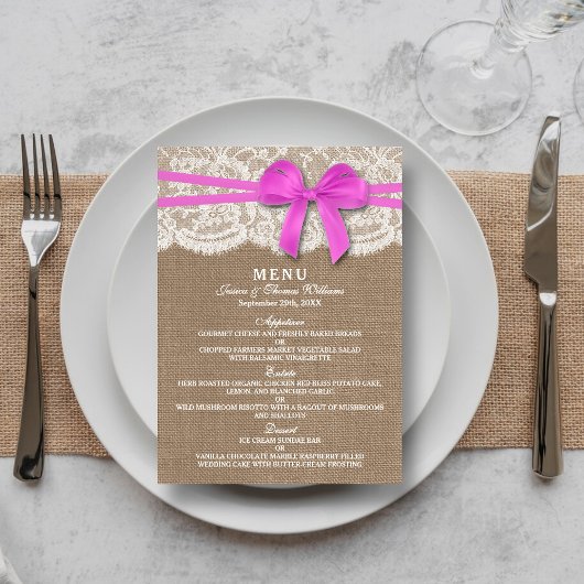Carte de menu Rustic Pink Bow Mariage Collection