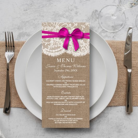 Carte de menu Rustic Pink Bow Mariage Collection