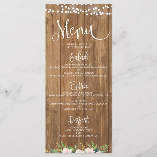 Carte de menu Rustic Rose Floral & Mariage Bois (Devant)