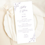 Carte de menu Rustic White & Lavender Floral Maria<br><div class="desc">Cette belle carte de menu de réception de mariage dispose d'un arrière - plan blanc classique avec des fleurs sauvages dessinés à la main et une typographie élégante en violet lavande. Ensemble, ces éléments créent un menu de mariage rustique mais élégant qui serait parfait pour un mariage romantique à tout...</div>