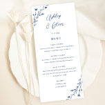 Carte de menu Rustic White & Navy Blue Floral Mari<br><div class="desc">Cette belle carte de menu de réception de mariage dispose d'un arrière - plan blanc classique avec des fleurs sauvages dessinés à la main et une typographie élégante en bleu marine. Ensemble, ces éléments créent un menu de mariage rustique mais élégant qui serait parfait pour un mariage romantique à tout...</div>