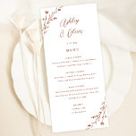 Carte de menu Rustic White & Terracotta Floral Mar<br><div class="desc">Cette belle carte de menu de réception de mariage dispose d'un arrière - plan blanc classique avec des fleurs sauvages dessinés à la main et une typographie élégante en terre cuite. Ensemble, ces éléments créent un menu de mariage rustique mais élégant qui serait parfait pour un mariage romantique à tout...</div>