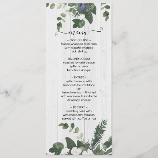 Carte de menu Rustic White Wood Floral & Pine (Devant)
