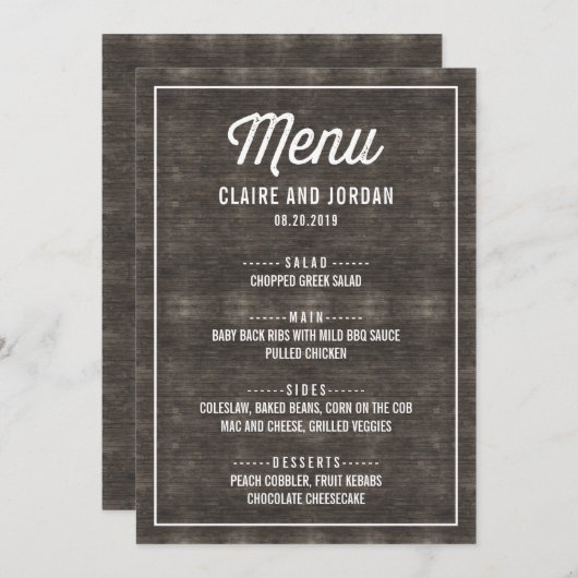 Carte de menu Rustique en bois RWC (Devant / Derrière)