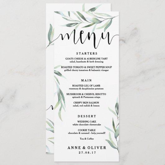 Carte de menu Rustique Mariage Eucalyptus (Devant / Derrière)