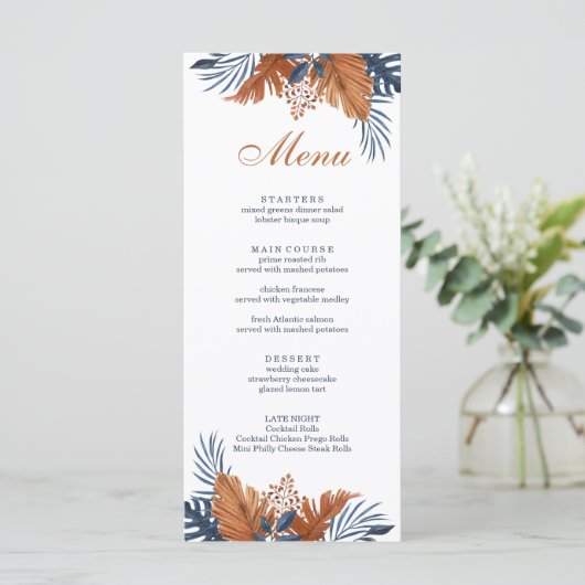 Carte de menu Rustique Midnight Blue Monstera (Debout devant)