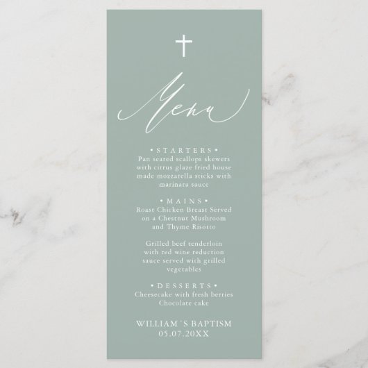 Carte de menu Sage Green White Cross Boy Baptism (Devant)