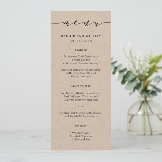 Carte de menu Script Kraft (Debout devant)