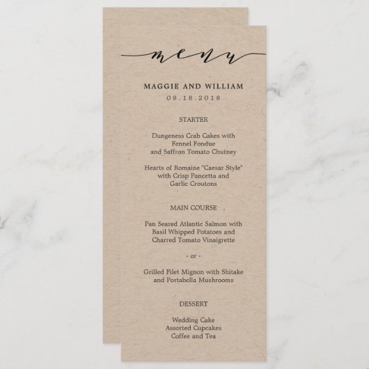 Carte de menu Script Kraft sans effort (Devant / Derrière)