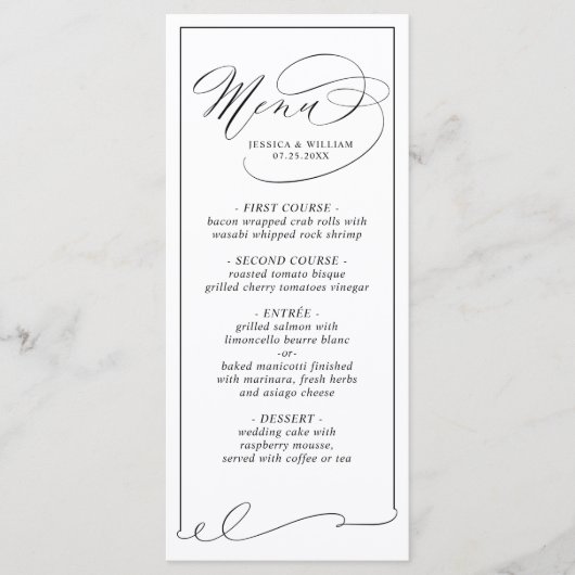 Carte de menu simple et élégante Mariage noir et b (Devant)