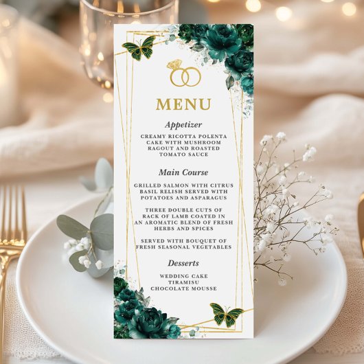 Carte de menu slim mariage papillons floraux vert