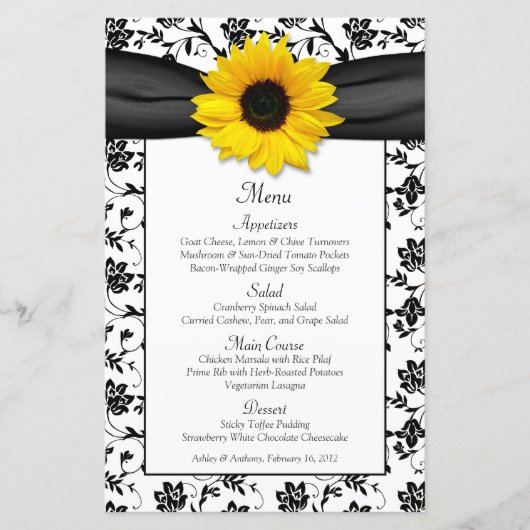 Carte de menu Sunflower Black White Mariage damass (Devant)